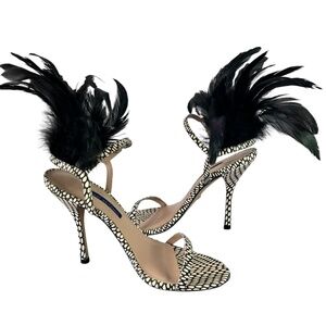 Rare STUART WEITZMAN Ricki Roccia Leather And Black Feather Detailing Heels 8